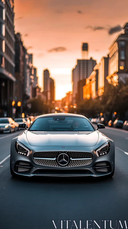 Silver city cruiser meets golden hour downtown glow.