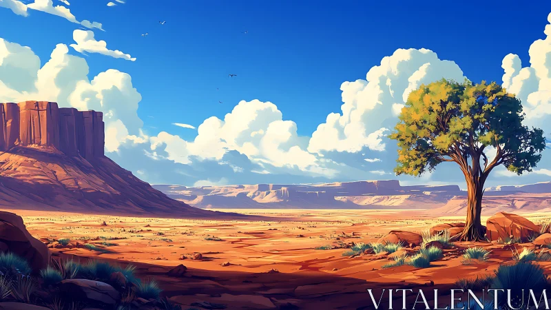 Lone desert tree stands beneath vast clouds and mesas.