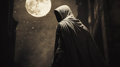 Hooded figure in cloak under full moonlit night sky.