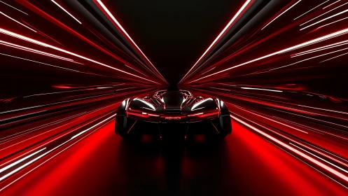 Futuristic hypercar racing through red neon light tunnel.