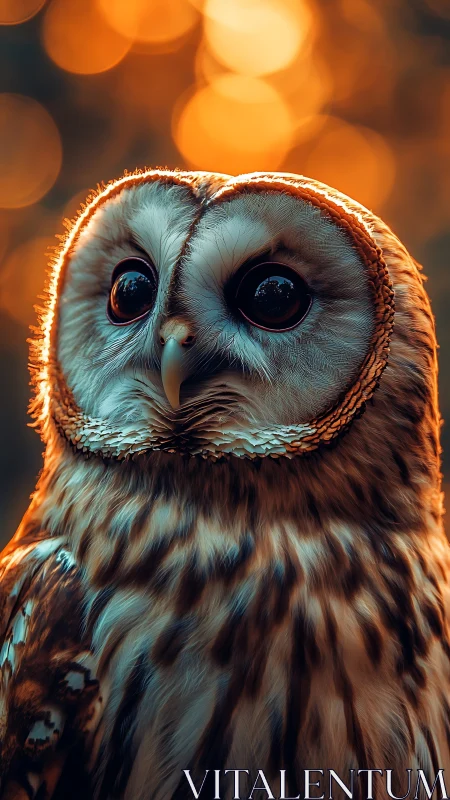 Barred owl portrait against defocused warm light background.