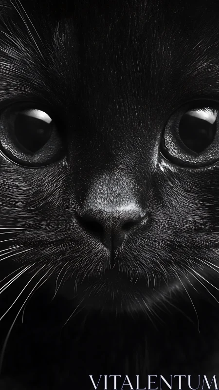 Black cat face captured in frontal monochrome photographic composition with direct eye contact.