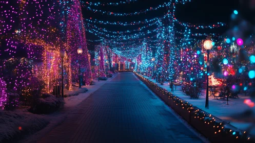 Winter walkway is covered in dense multicolored string lights