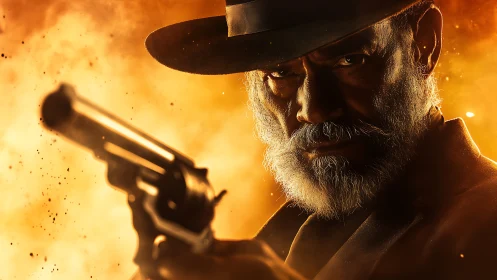 Grey bearded gunslinger aims revolver amid fiery backdrop.