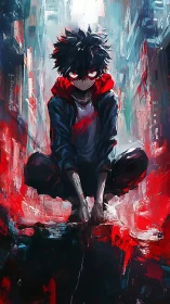Dark haired youth in red hoodie within abstract cityscape.