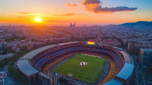 Sunset-washed city stadium glowing like a giant emerald bowl.