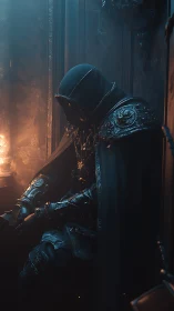 Hooded knight resting beside emberlit chamber door.