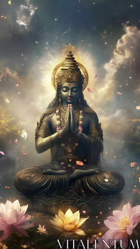 Divine blue meditative deity amid luminous lotus blossoms