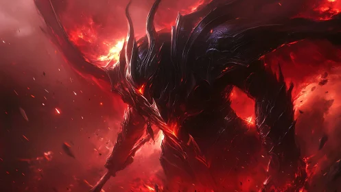 Armored demon silhouette strides through molten red inferno