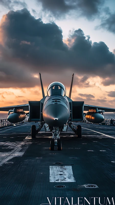 Carrier-based jet fighter on deck under dense sunset clouds.