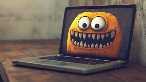 Cartoon malware monster grinning from laptop screen in studio