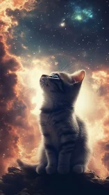 Stellar-illuminated kitten against volumetric nebula field.