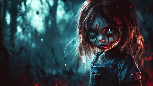 Scarlet-eyed forest doll haunts the twilight burning blue.
