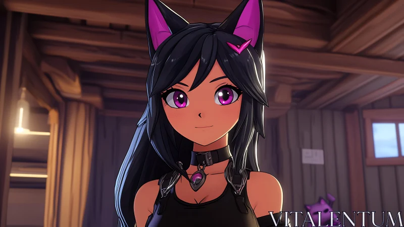 Neon-eyed cat girl in warm wooden interior portrait.