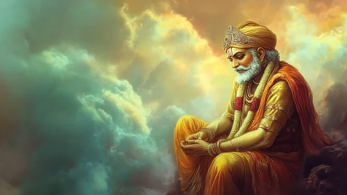 Meditative sage in golden robes sits amid luminous storm clouds