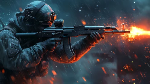 Tactical soldier firing assault rifle in stormy night combat.