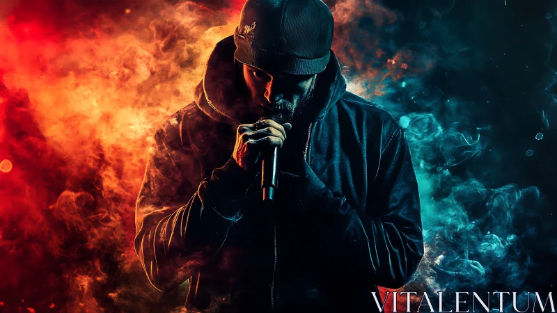 Hooded rapper commands stage amid blazing bicolor smoke.
