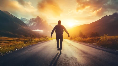 Solitary figure on mountain road at vivid sunset horizon.