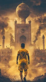 Lone footballer strides toward a colossal burning temple gate
