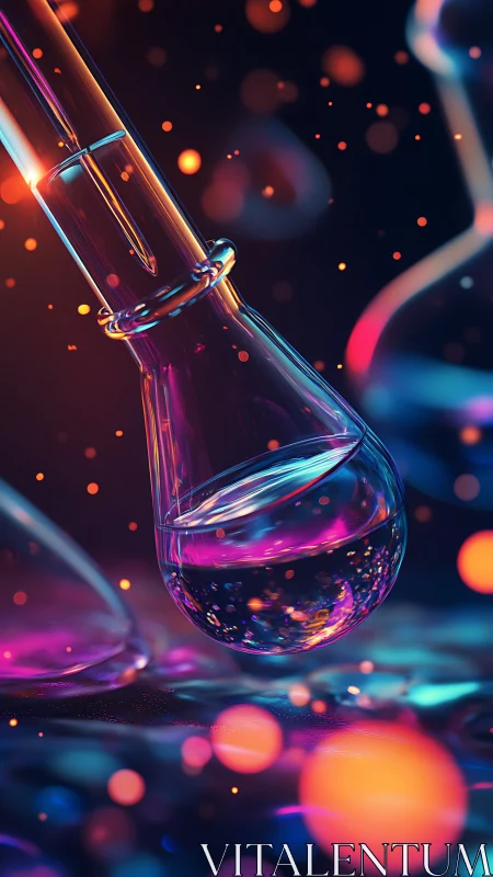 Neon-lit laboratory flask with refractive liquid suspension glow