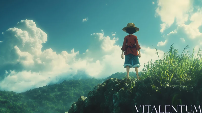Anime wanderer surveys lush valley beneath towering clouds.