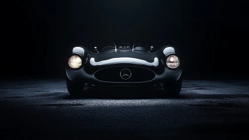 Classic Mercedes roadster front view in dramatic low light.