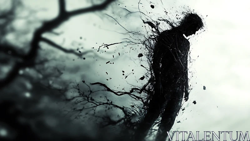 Shadow silhouette dissolving into abstract black splinters.