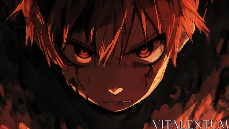 Intense anime portrait with fiery rim light and shadows.