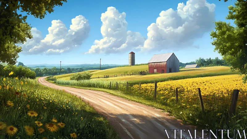 Country lane curving past bright sunflower fields and barn.