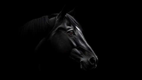 Midnight horse portrait glowing softly in rich darkness.