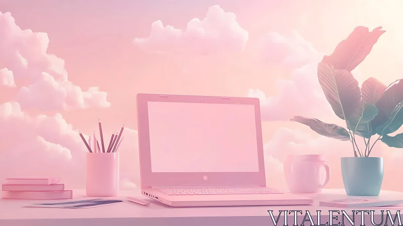 Pastel workspace with laptop, plant, and dreamy clouds.