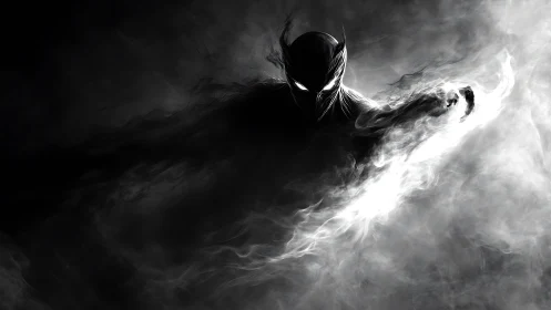 Dark shadow creature emerging from swirling white smoke.