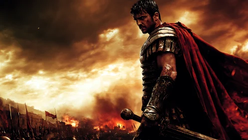 Armored warrior in red cloak overlooking burning battlefield.