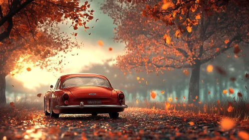 Red vintage car on autumn forest road with falling leaves.