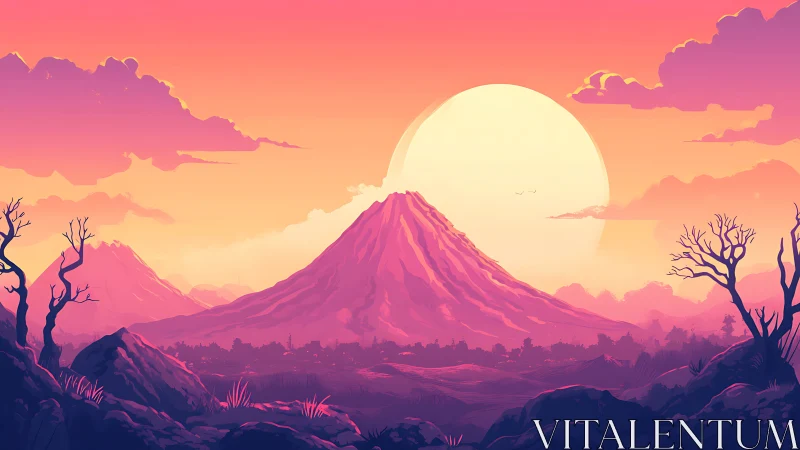 Digital landscape shows central mountain under large setting sun