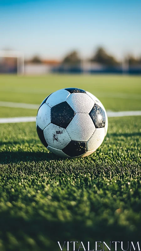 Soccer ball rests on sunlit green field before a match.