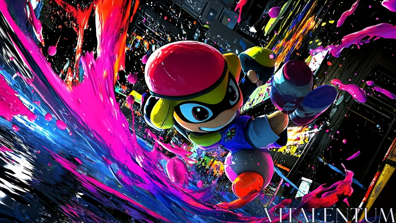 Ink-slinging street sprinter surfing neon tidal splashes.