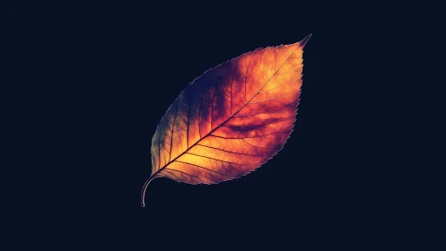 Single multicolored leaf on dark background, centered view.