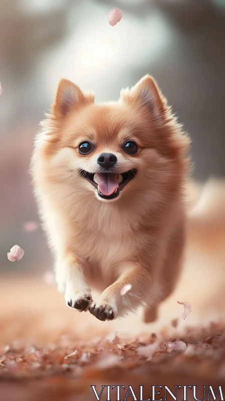 Joyful fluffy dog dashes through drifting spring petals.