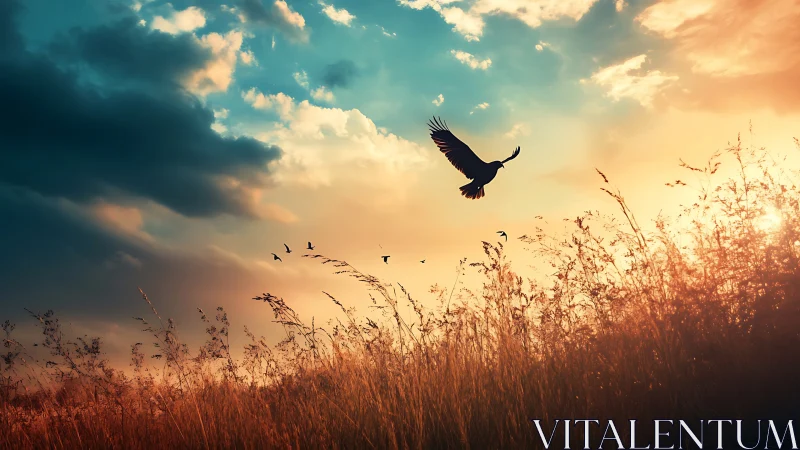 Silhouetted bird in flight over sunlit golden meadow at dusk.