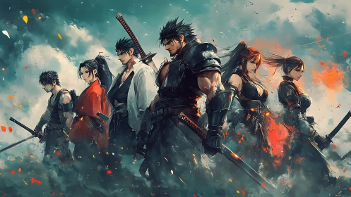 Samurai strike team lineup in dynamic digital painting panorama.