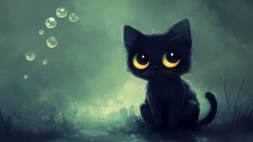 Black cat with glowing eyes in misty green environment.