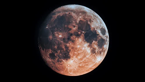 Blood moon close-up revealing illuminated craters and mares.