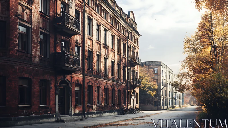 Photorealistic autumn streetscape with historic brick facades.