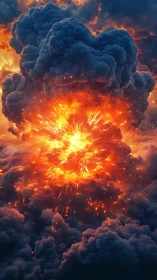 Massive Explosion Erupts Through Billowing Clouds in Sky