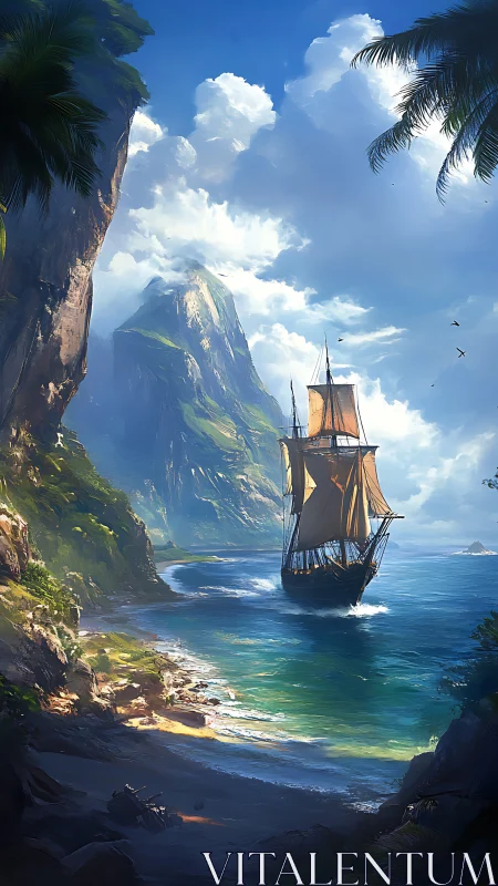 Tall ship at coastal cove with limestone formations.