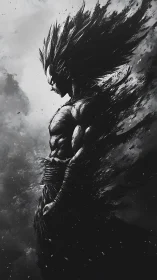 Monochrome warrior dissolving into dynamic ink storm.