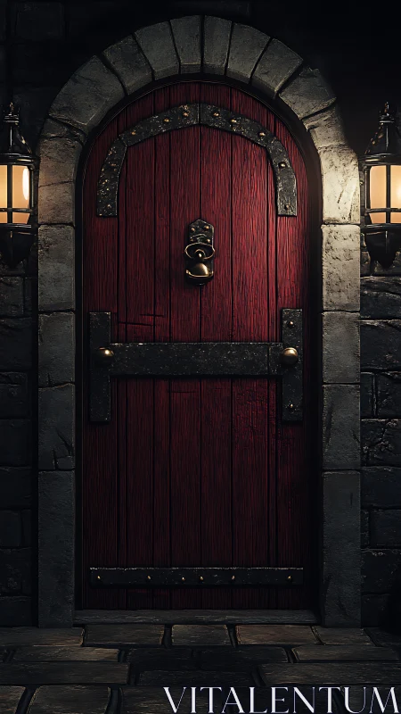 Medieval red wooden door stands within stone archway