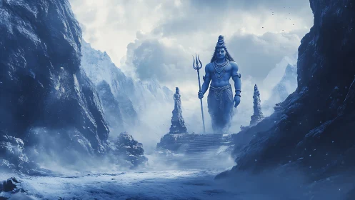 Himalayan deity statue dominates icy blue mountain pass.