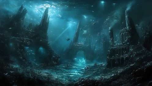 Submerged gothic megastructure rendered in cyanotic abyssal light